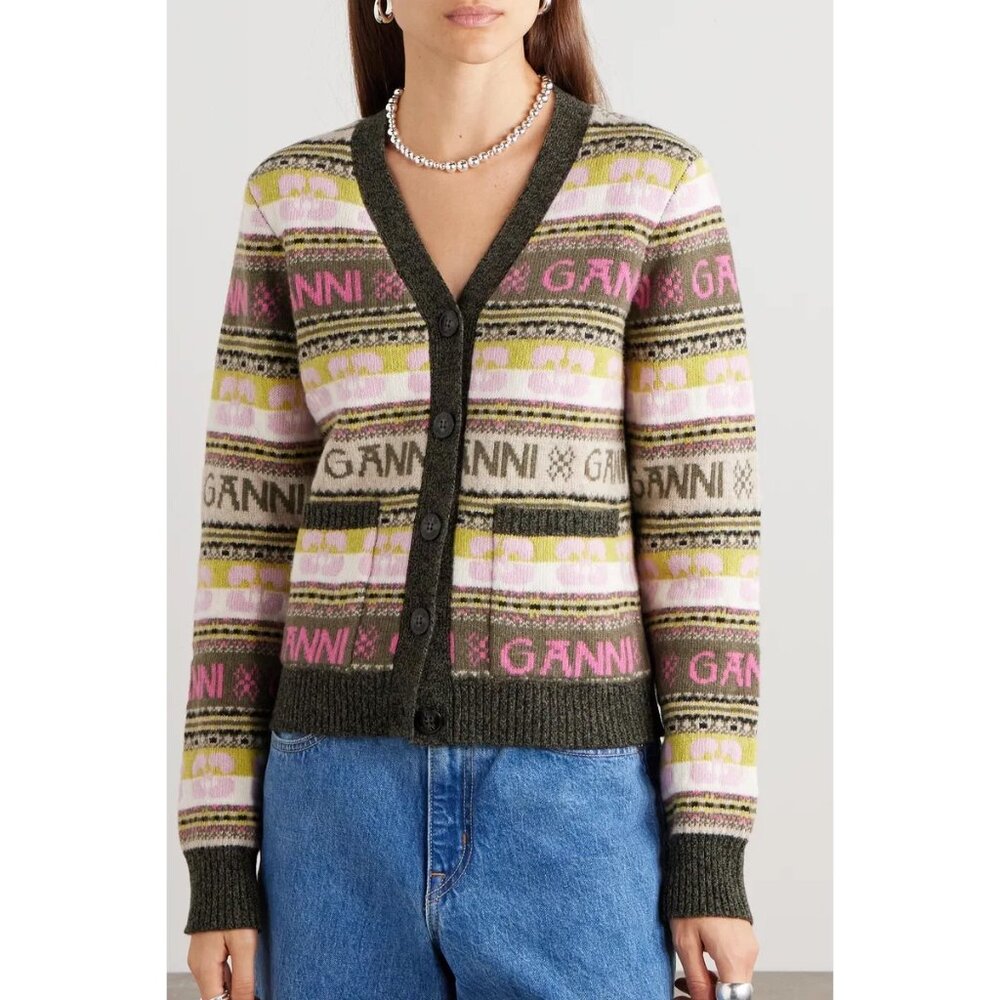 Ganni Intarsia Logo Knit Cardigan in "Kalamata", size Small